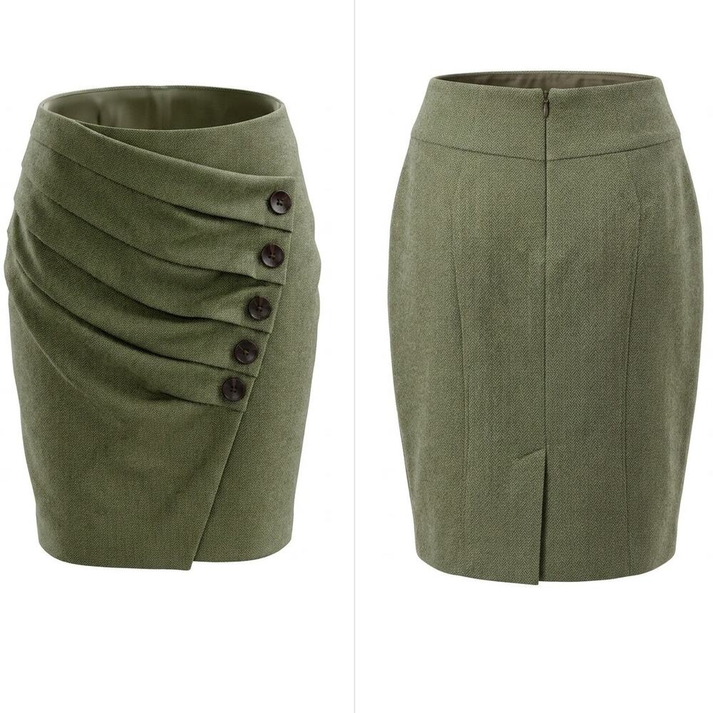 Eva Franco Wool Blend Green Tweed Draped Pencil Skirt Women Size 14